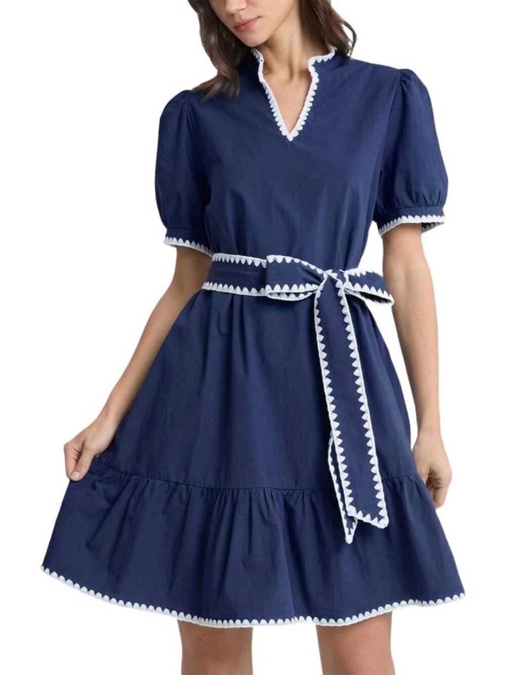 Puff Sleeve Mini Dress with Bow Tie Waist, V Neck, Ruffle Tiered, Casual Navy